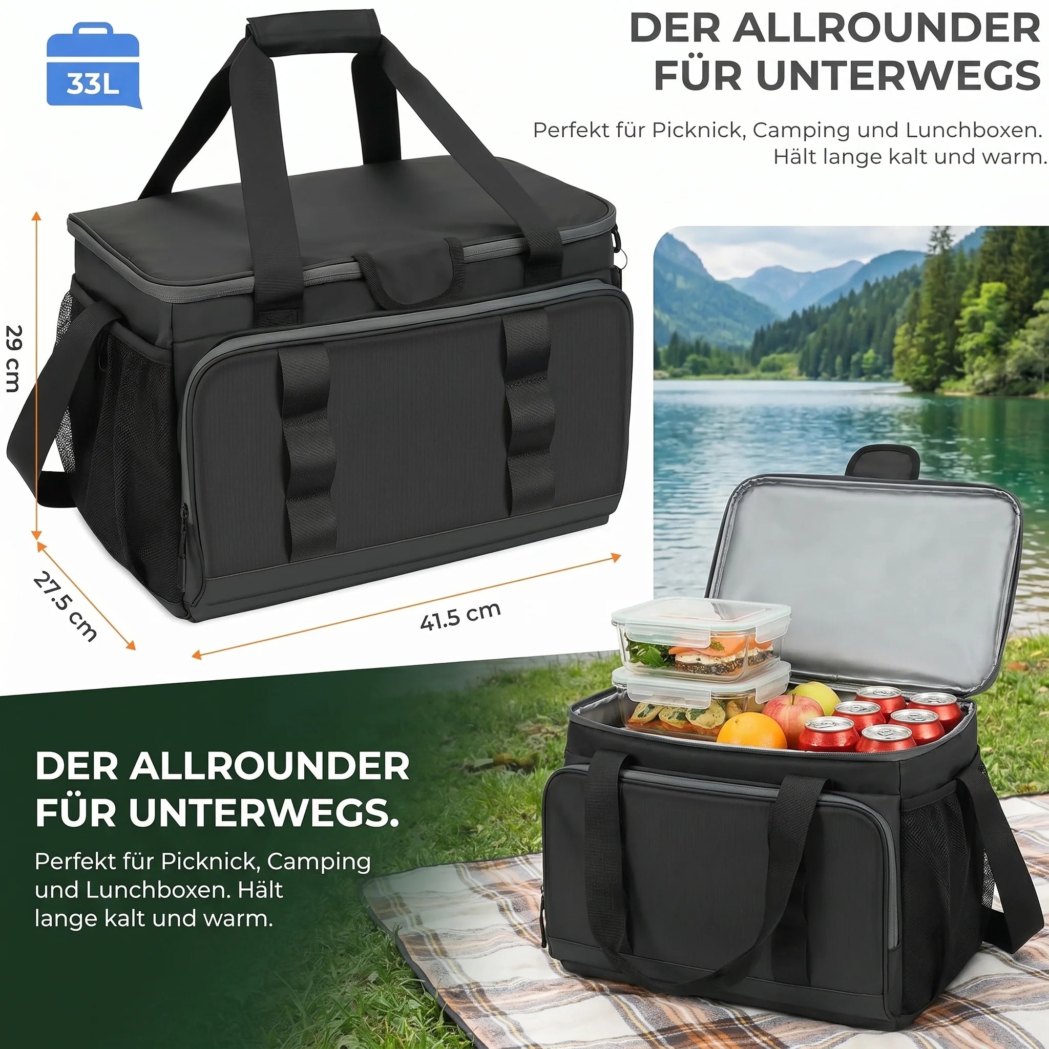 Sac Isotherme 33L — Chaud 18h / Froid 24h, Imperméable, Picnic & Voyage