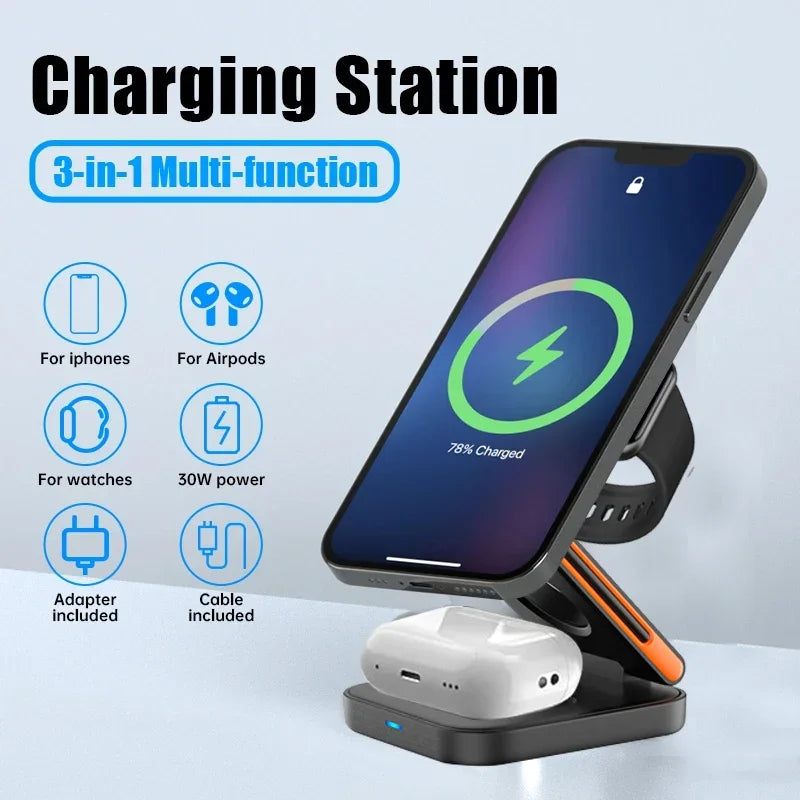Station de Charge Sans Fil 3-en-1 Pliable — iPhone, AirPods & Apple Watch, 30W