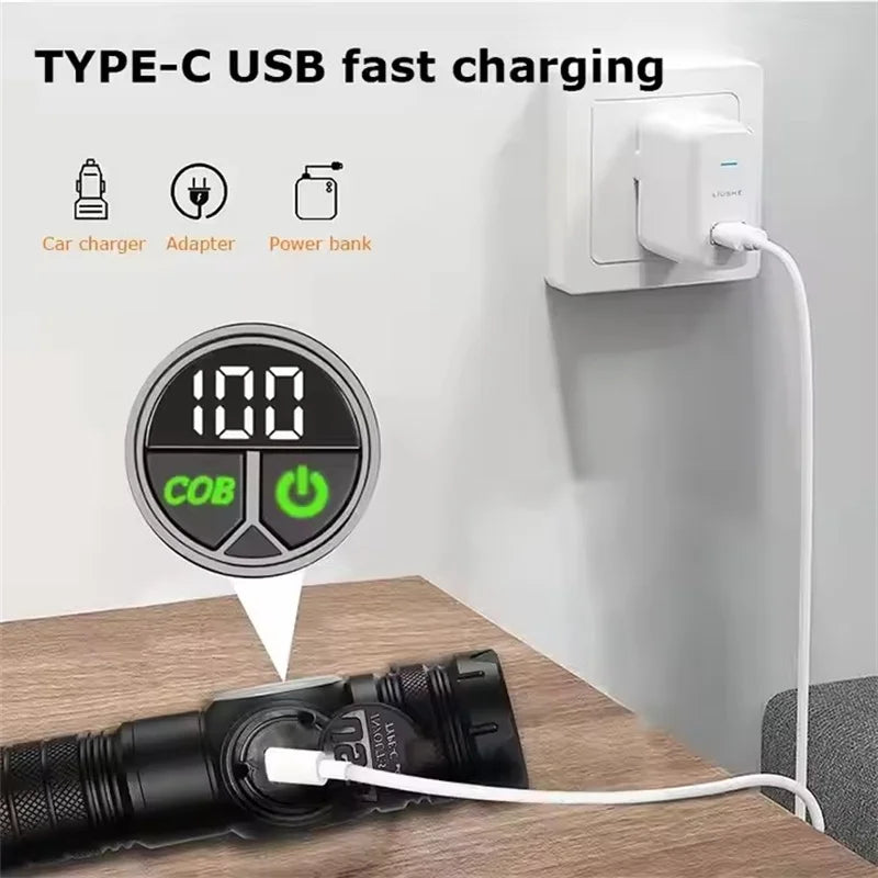 Lampe de Poche Tactique LED — COB, Zoom, Rechargeable USB-C, Magnétique, 10000mAh