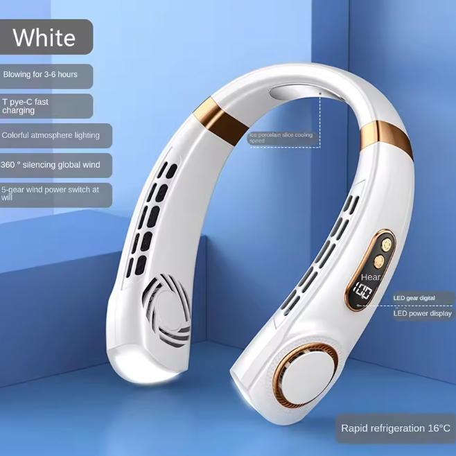 Ventilateur de Cou Sans Lame — 5 Vitesses, Affichage LED, Recharge USB-C